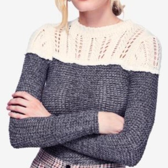 Free People Snowflake Ivory Crochet Black Long Sleeve Waffle Knit Sweater S - Picture 1 of 7